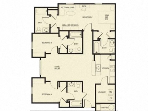 Floor plan for 3 beds, 4 baths, 1425 sqft